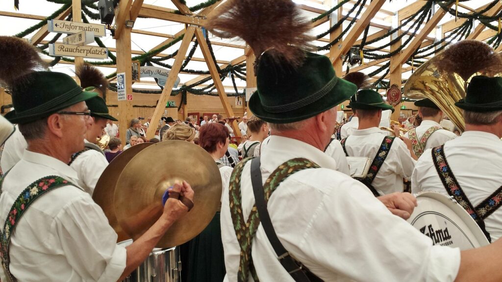 A Bavarian brass band playing in an Oktoberfest tent