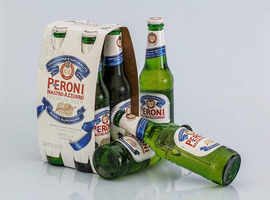 A six-pack of bottled beer