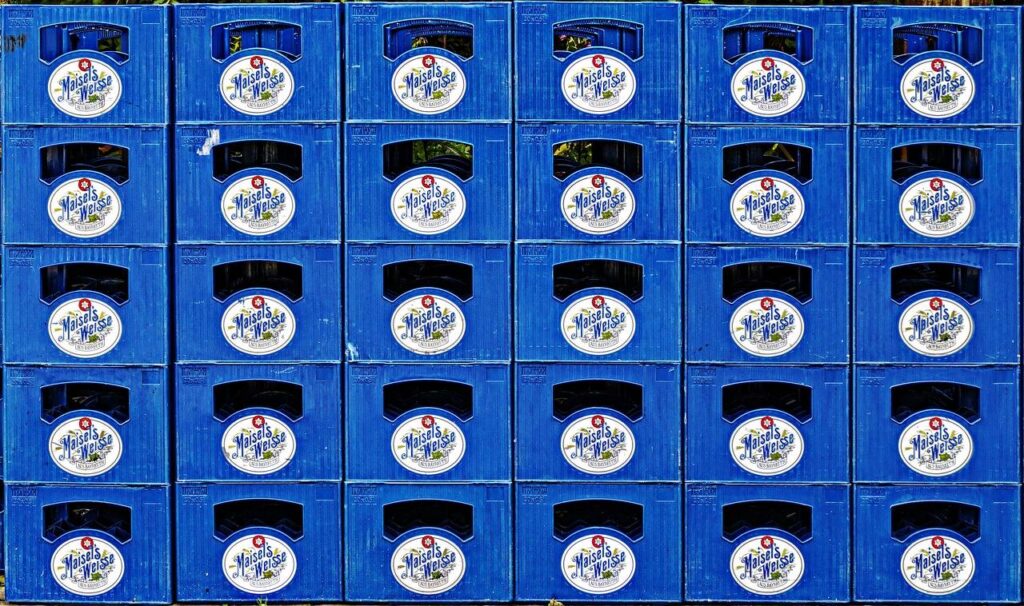 Stacked crates of beer bottles