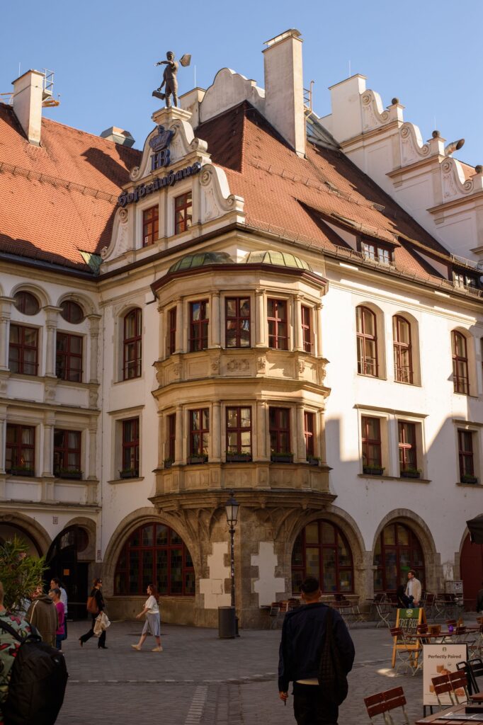 The Hofbräuhaus beer hall on the Platzl in Munich, in sunlight