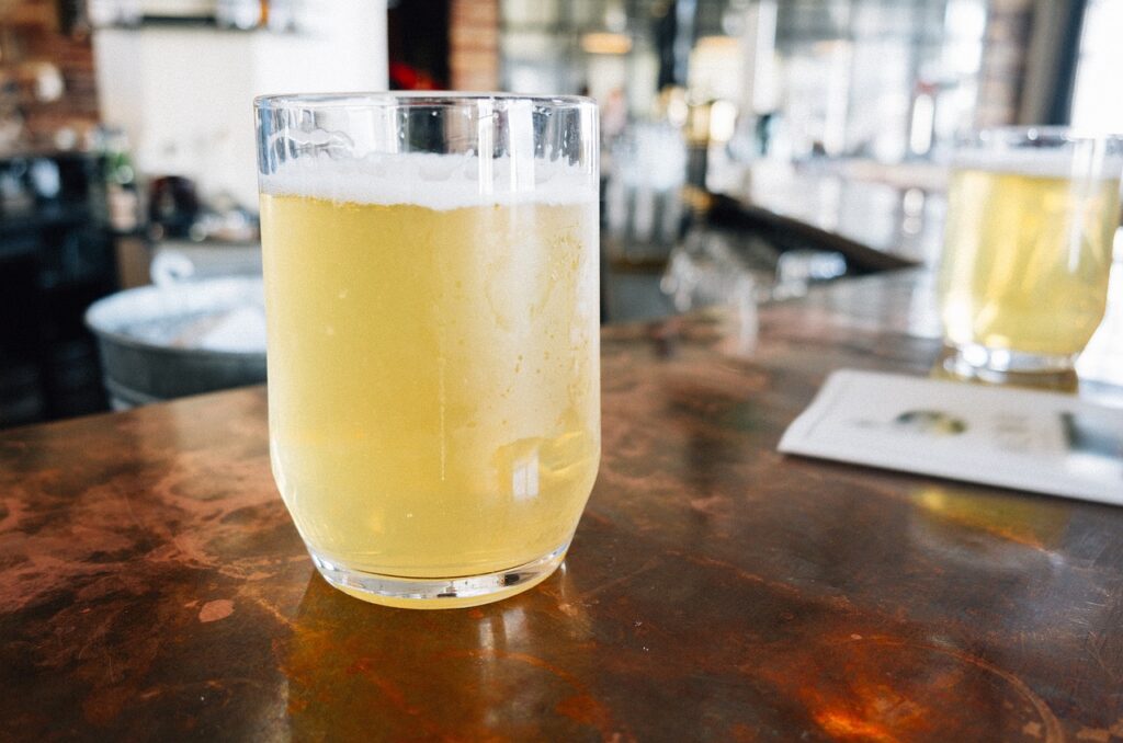 A glass of Radler on a beer garden table