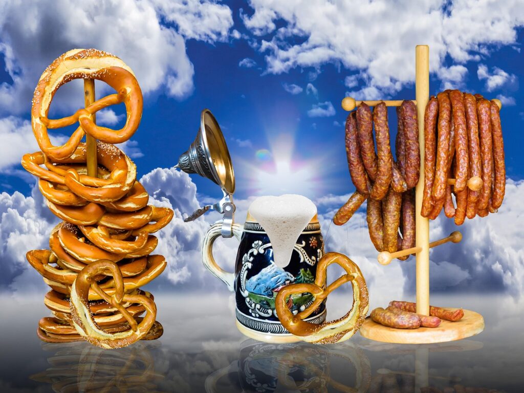 Pretzels, sausages and a beer mug