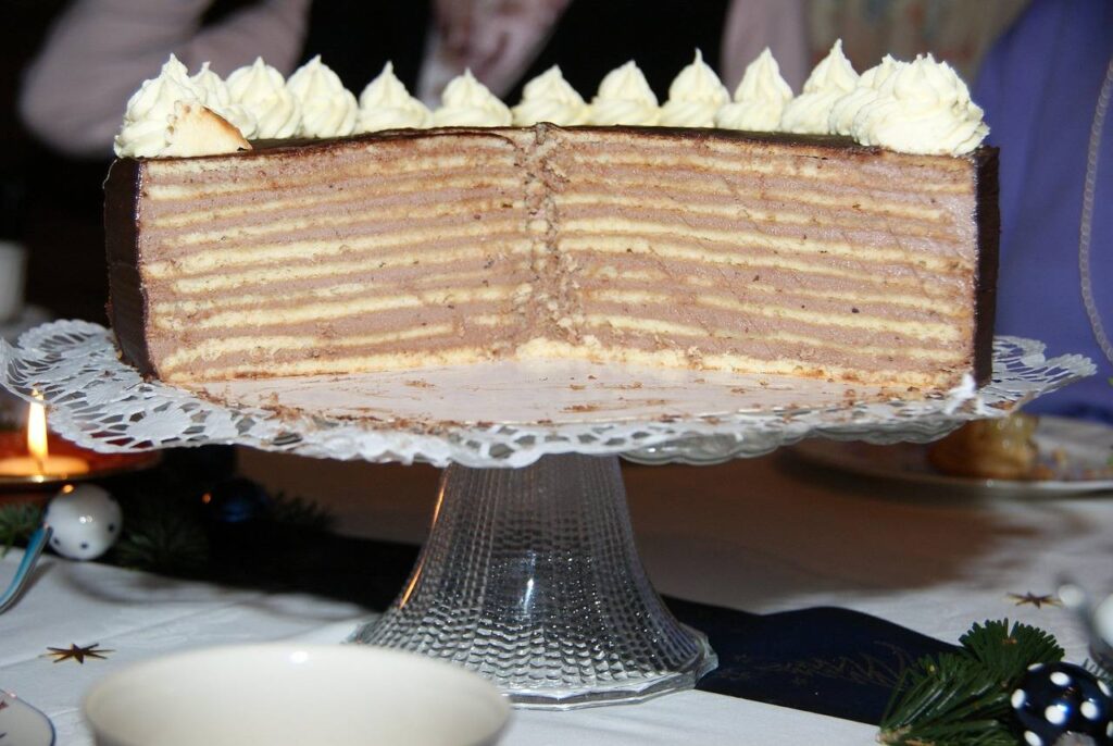 A Prinzregententorte with its thin layers of sponge and chocolate cream