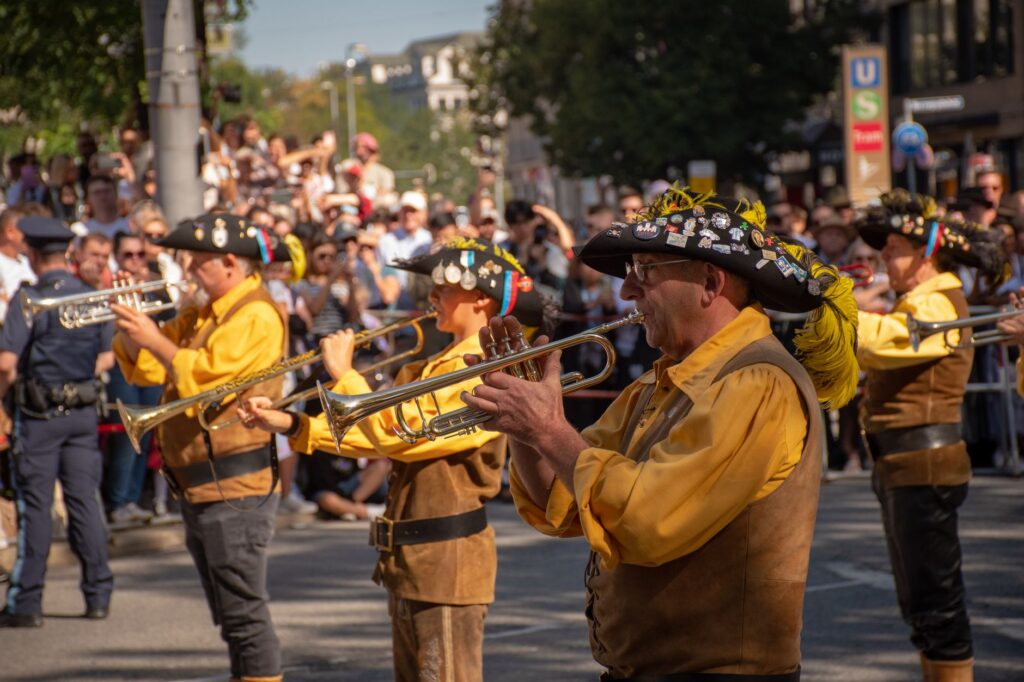 A brass band in Trachten playing at a festival